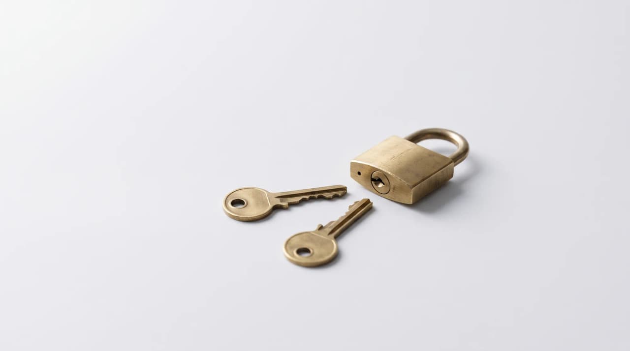 Two brass keys pointed at one small padlock