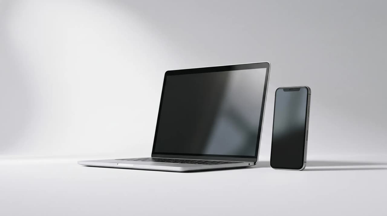 A slim laptop and a phone side by side on a light grey surface, screens dark