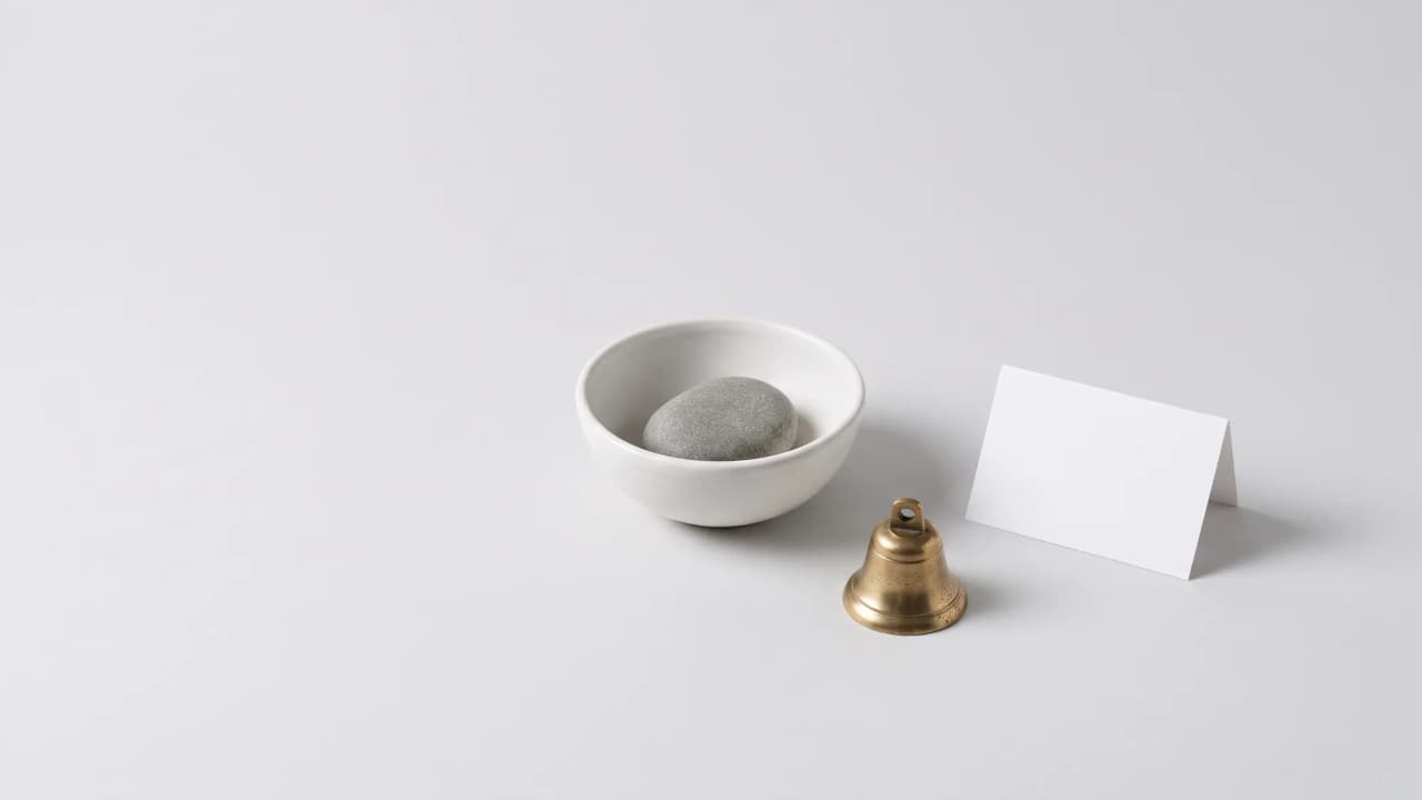 A white bowl holding a smooth grey stone, beside a small brass bell and a folded white card