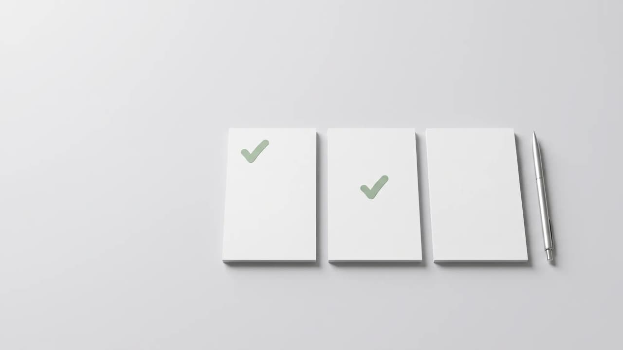 Three white index cards in a row, the first two with a green tick, beside a silver pen