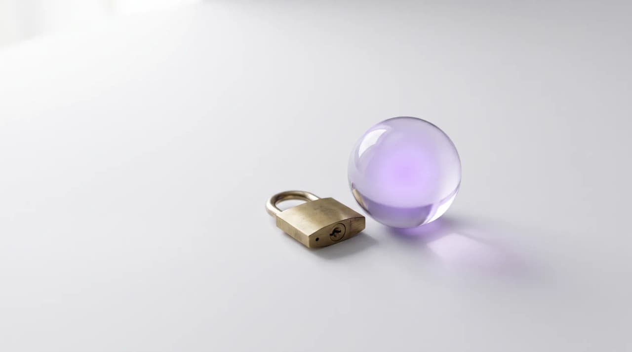 A small brass padlock beside a glass sphere with a soft violet glow