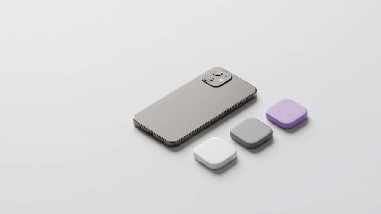 A smartphone lying face down beside three small rounded tiles in white, grey and soft purple