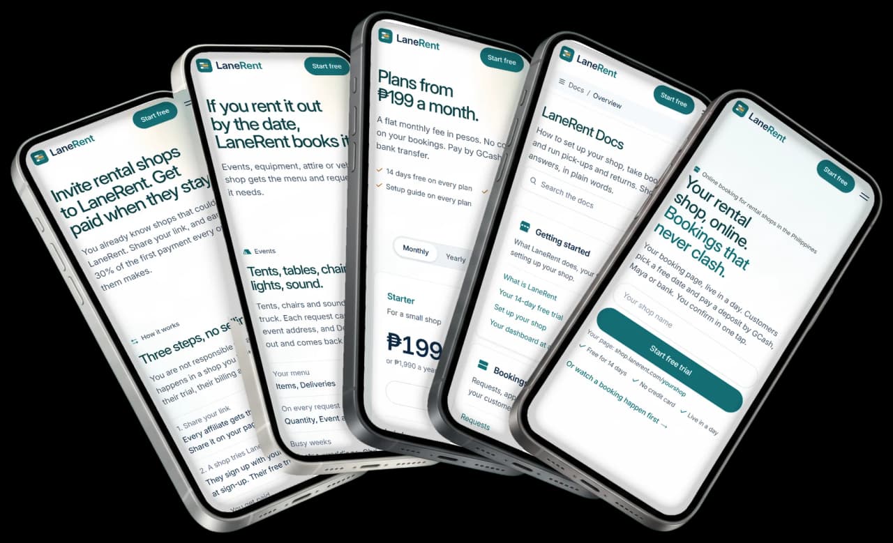 LaneRent's pages on five phones: affiliates, use cases, pricing, docs and the home page