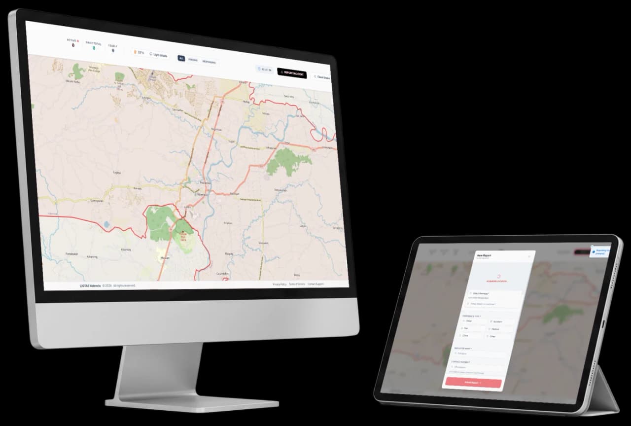 Ligtas Valencia's incident map on a monitor and its report form on a tablet