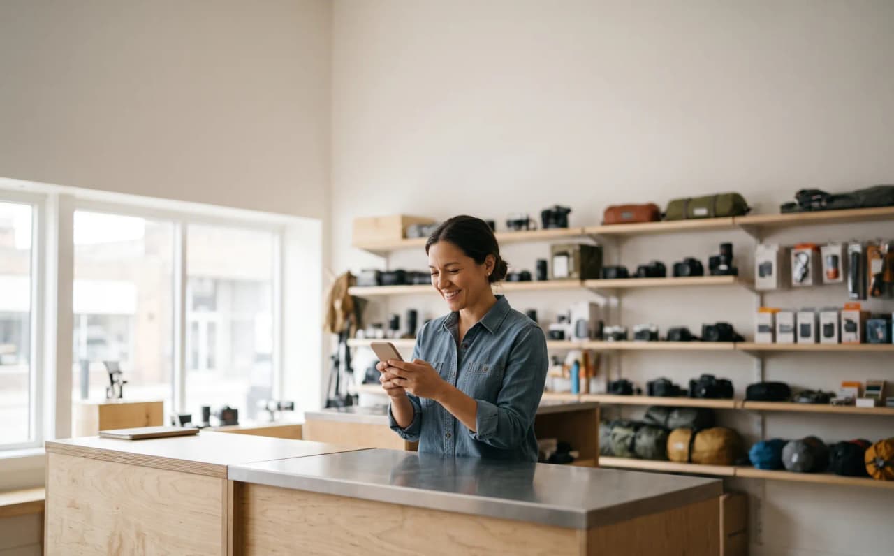 A rental shop owner smiling at a message on her phone behind the counter