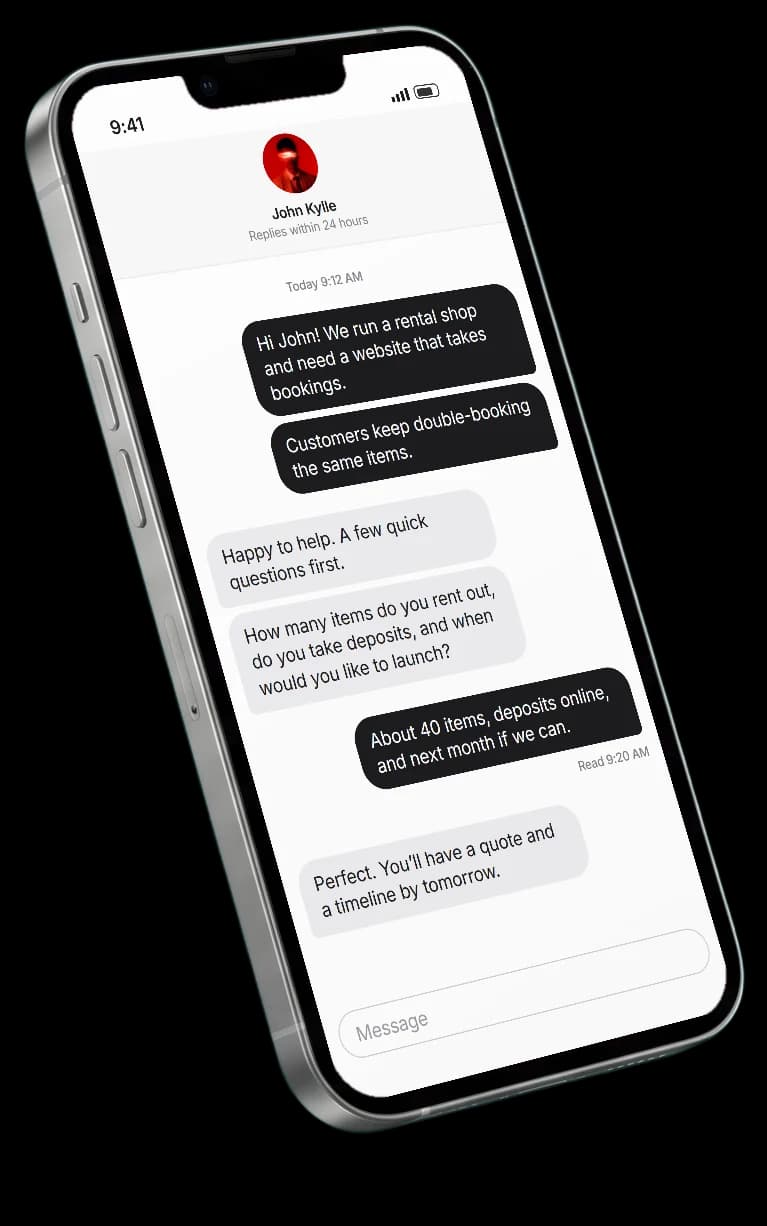 A phone showing a client's first message about a booking website, and John's reply
