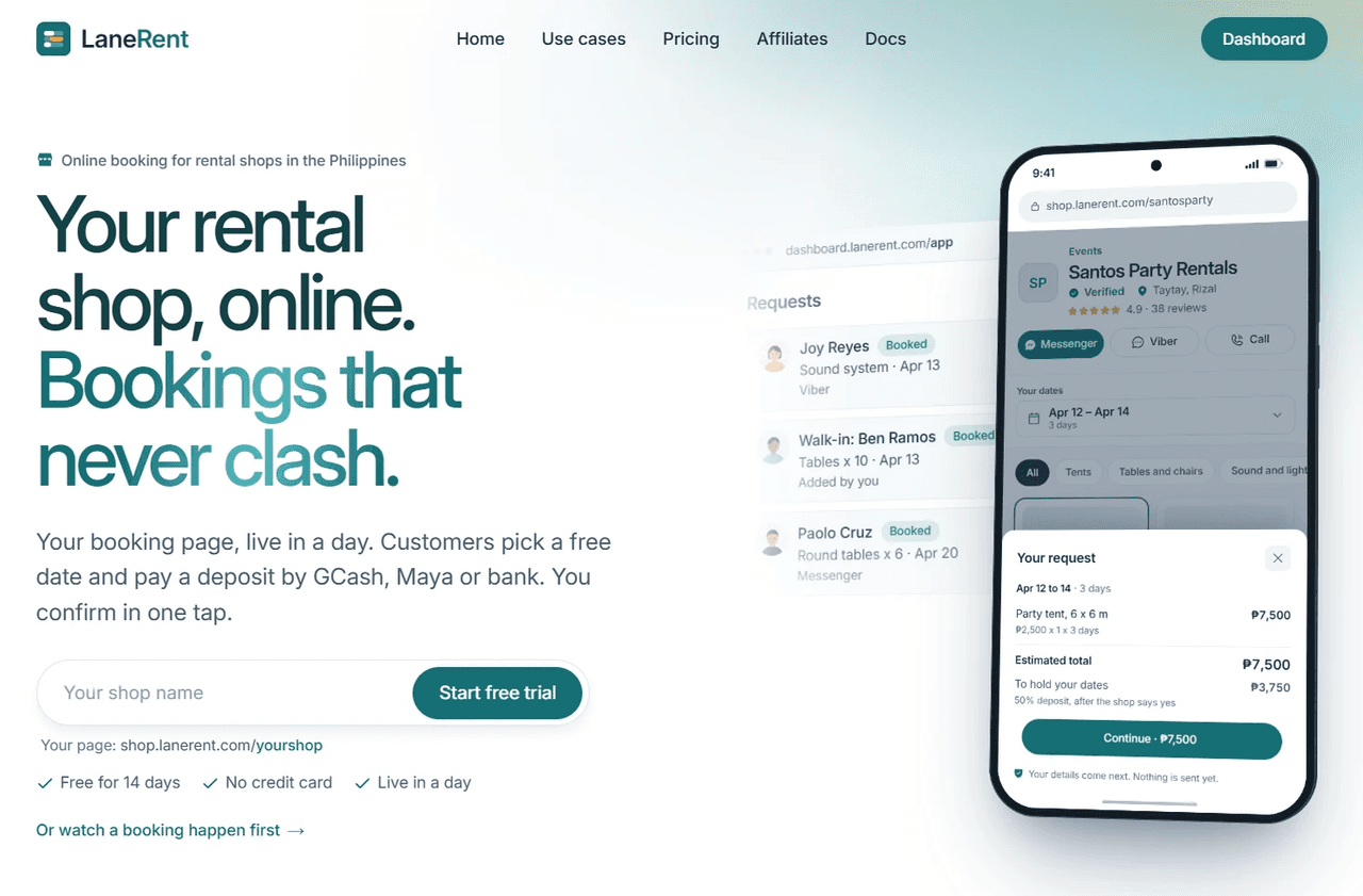 LaneRent — Hero — Your rental shop, online