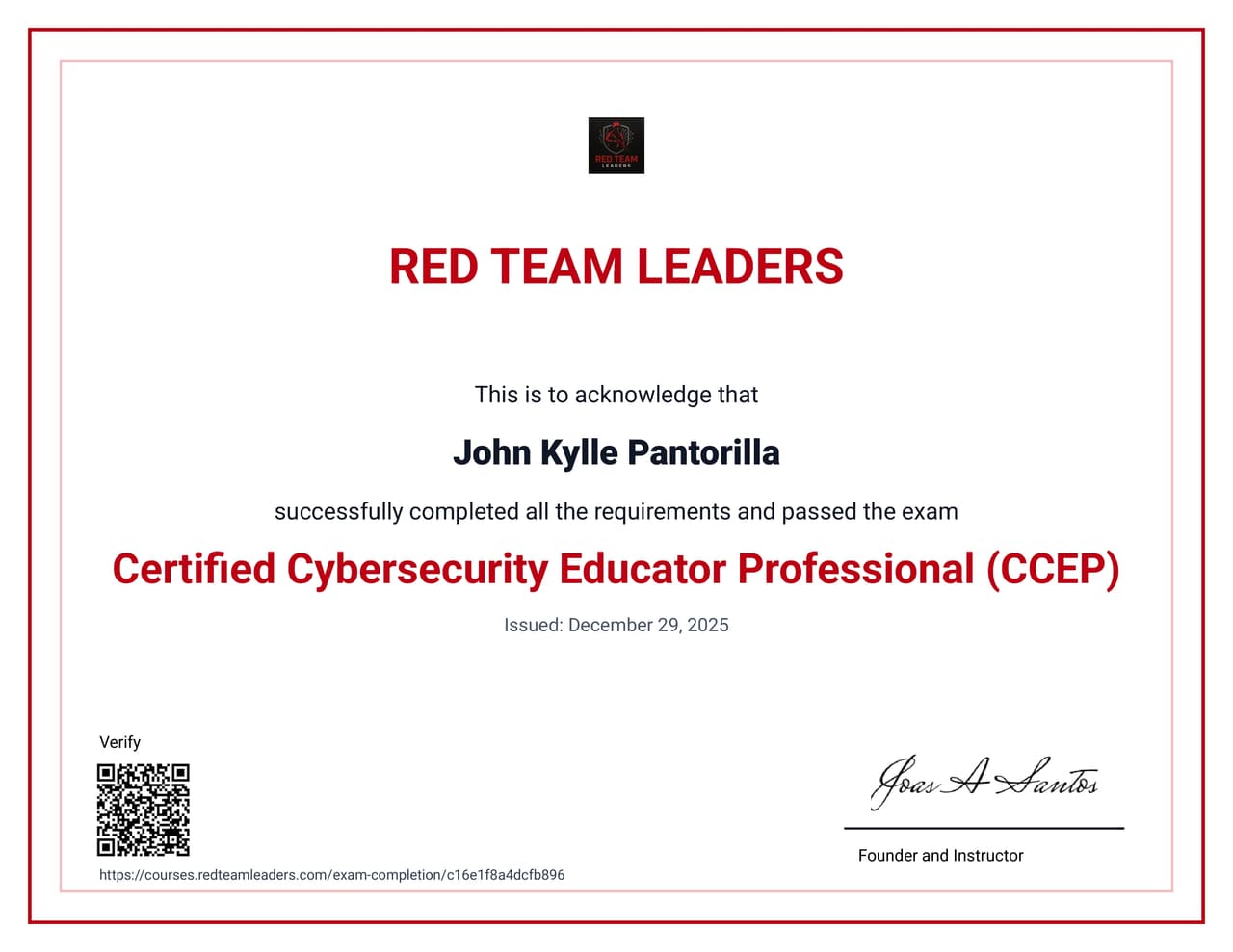 Certified Cybersecurity Educator Professional (CCEP) certificate