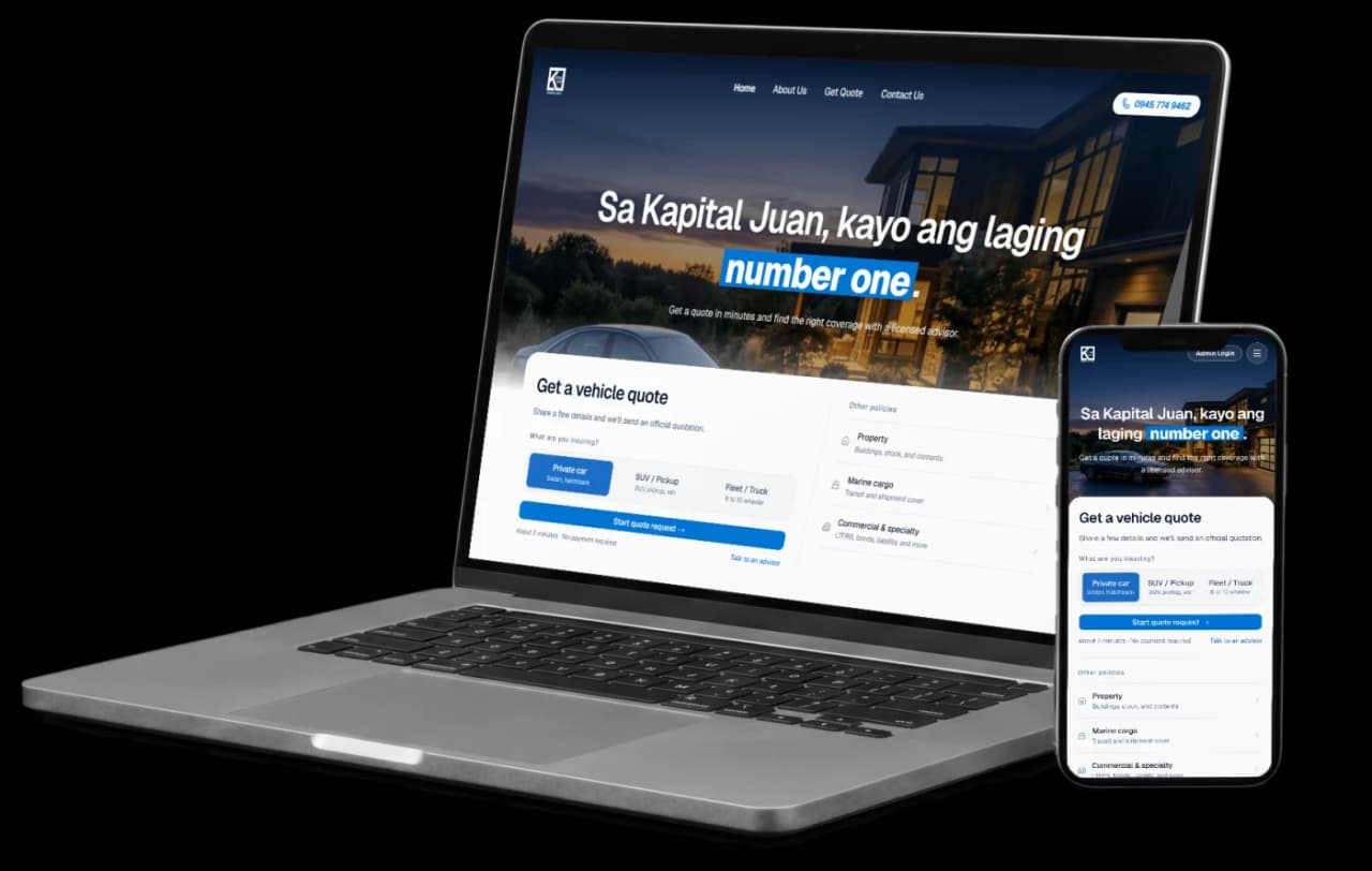 Kapital Juan Insurance's quote page on a laptop and a phone