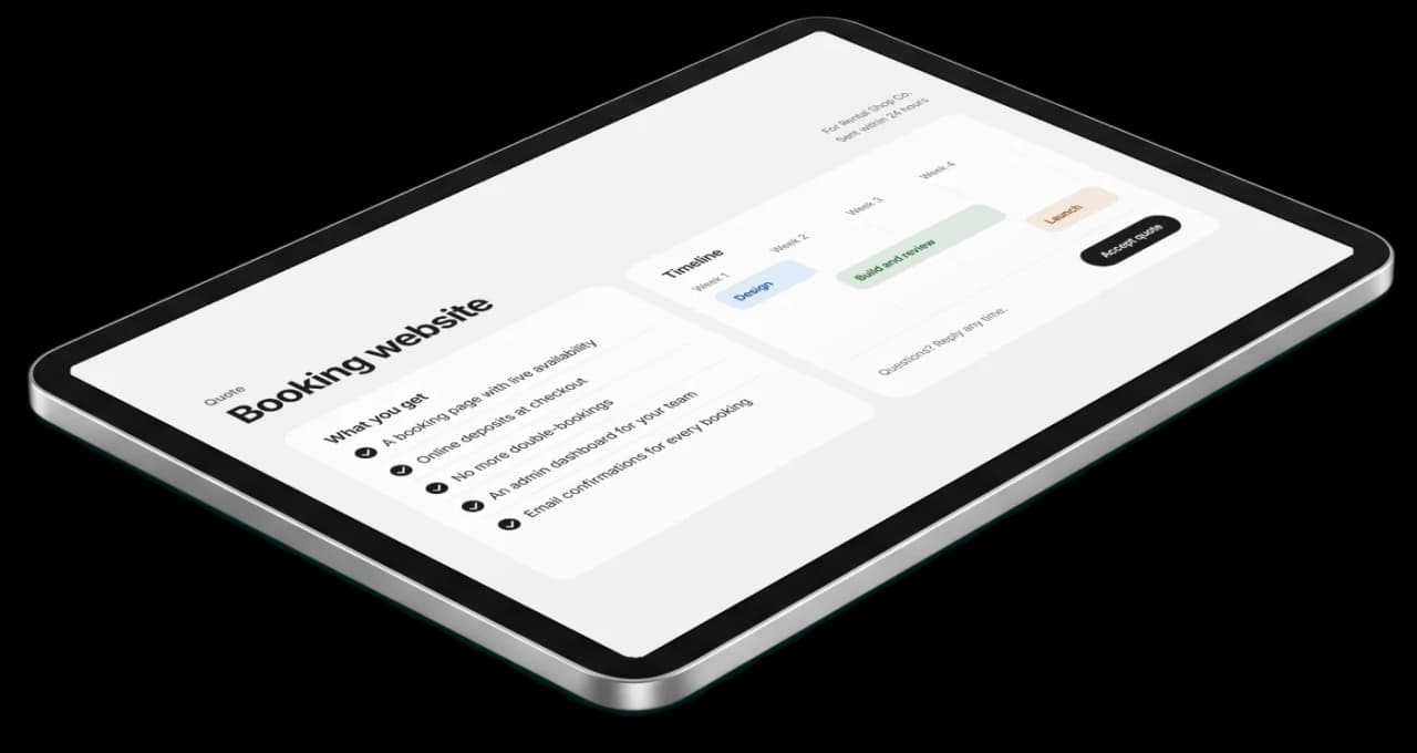 A tablet showing a quote: what's included and a four-week timeline