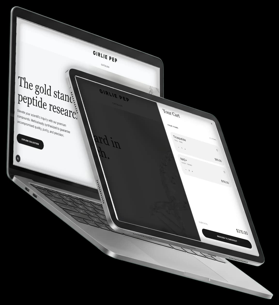 Girlie Pep's storefront on a laptop and its cart on a tablet