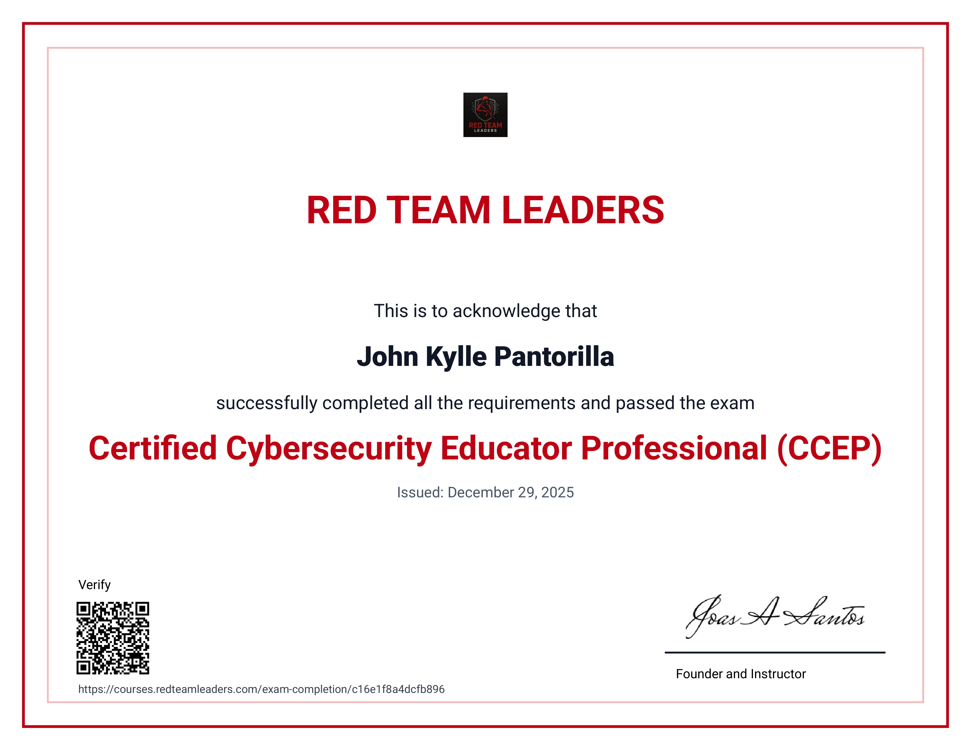 Certified Cybersecurity Educator Professional (CCEP) certificate